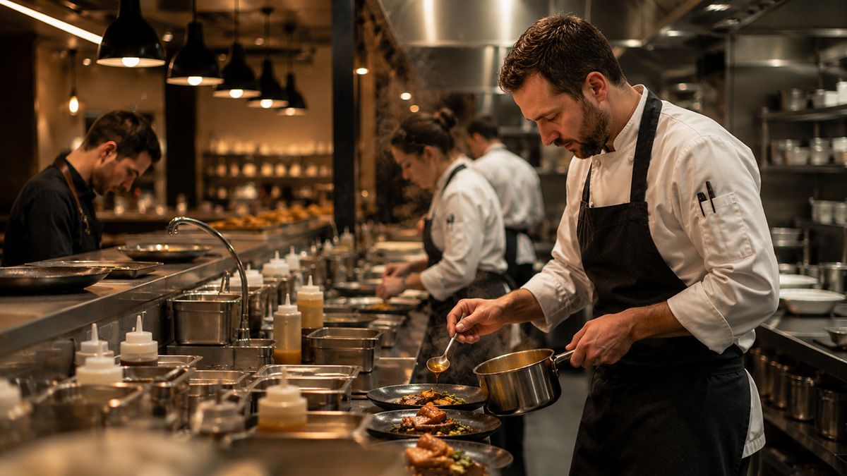 chefs preparing food in a restaurant kitchen