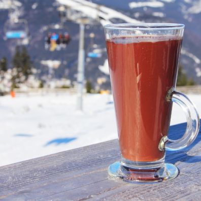 Hot chocolate snowy ski resort food and drink